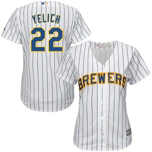 Brewers #22 Christian Yelich White Strip Home Women's Stitched MLB Jersey